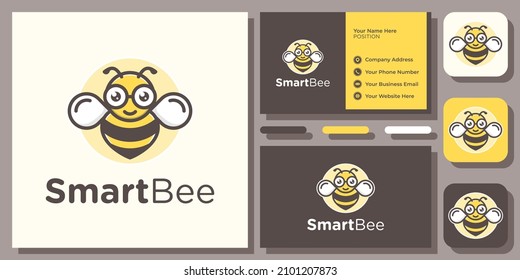 Cute Smart Bee Eyeglasses Cartoon Animal Insect Honey Hive Logo Design with Business Card Template
