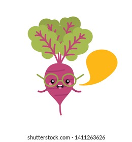 Cute and smart beet character in glasses with speech bubble, talking, giving advice or information. 