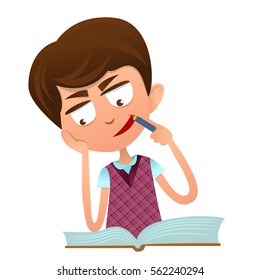 Cute smart boy do homework with a book, lost in thought.