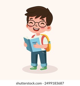 Cute and smart boy with glasses are happy with backpack and book. Back to school concept. Vector illustration in flat cartoon style