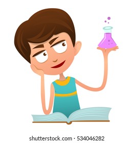 Cute smart boy sitting with a book and holding a test tube chemical.