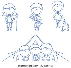 Cute and smart camping boys isolated on white