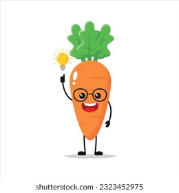 Cute smart carrot character. Funny carrot got inspiration idea cartoon emoticon in flat style. vegetable emoji vector illustration