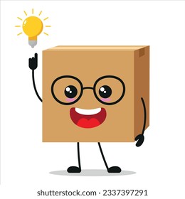 Cute smart carton box character. Funny package got inspiration idea cartoon emoticon in flat style. cardboard emoji vector illustration