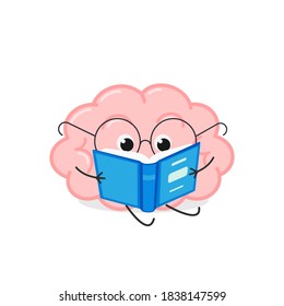 Cute smart cartoon brain in glasses reading a book. Vector flat illustration isolated on white background 