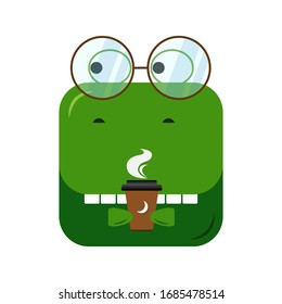Dinosaurio de caricatura inteligente en forma de plaza con vasos y café