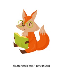 Cute smart cartoon red fox character sitting on the floor reading a book vector Illustration on a white background