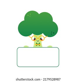 Cute and smart cartoon style broccoli character holding in hands blank card, banner.