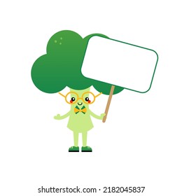Un personaje de brócoli lindo e inteligente con caricatura a mano en blanco, cartel.
