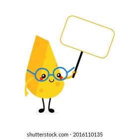 Cute smart cartoon style cheese chunk, dairy product character holding in hands blank sign, banner, card on stick.
