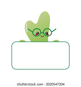 Cute and smart cartoon style jade gua sha beauty tool character holding in hands blank card, banner.