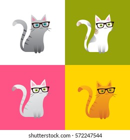 Cute smart cat character wearing glasses. Smart white, grey, ginger, red and tabby kitten with spots on colorful background.