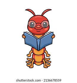 Cute smart centipede cartoon reading a book
