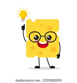 Cute smart cheese slice character. Funny food got inspiration idea cartoon emoticon in flat style. cheese slice emoji vector illustration