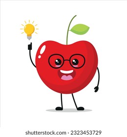 Cute smart cherry character. Funny cherry got inspiration idea cartoon emoticon in flat style. Fruit emoji vector illustration