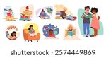 Cute smart children cartoon characters reading books feeling interested and excited isolated scene set. Adorable clever kids learning with textbooks, enjoying hobby at home vector illustration
