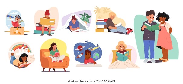 Cute smart children cartoon characters reading books feeling interested and excited isolated scene set. Adorable clever kids learning with textbooks, enjoying hobby at home vector illustration