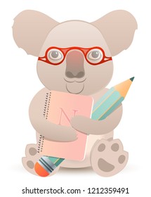 Cute Smart Coala with Notebook and Pencil