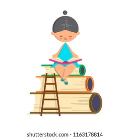 Cute smart dark-haired girl reading book on white isolated background. Vector concept illustration in cartoon style