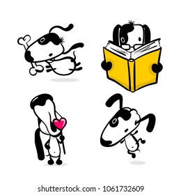 Cute smart dog sticker set. Monochrome puppy collection design. Simple black white sketch vector illustration design. Comic character little active funny animal pet. Happy friendly doggy collection.