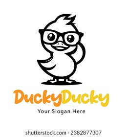 A cute smart duck logo with glasses, in black, white and yellow, suitable for culinary business logos, t-shirt designs