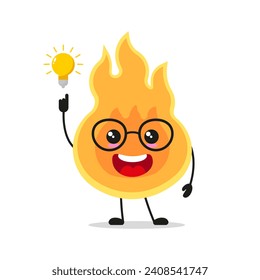 Cute smart fire character. Funny flame got inspiration idea cartoon emoticon in flat style. closet vector illustration