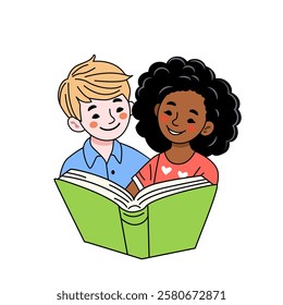 cute smart girl and boy of different races sitting and reading a book. education concept. flat vector illustration isolated on white background.