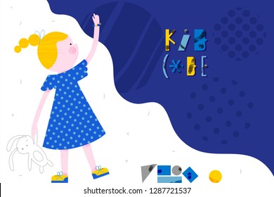 Cute smart girl is coding on abstract screen. Children coding and code training design concept in flat style. Cartoon vector illustration