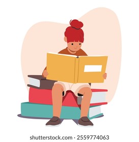 Cute smart girl kid reading sitting on stack of huge books enjoying hobby leisure activity and self education vector illustration. Intellectual dreamlike female child reader cartoon character