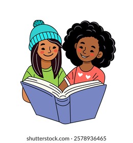 cute smart girls of different races sitting and reading a book. education concept. flat vector illustration isolated on white background.