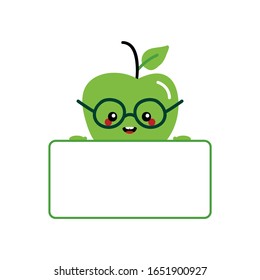 Personaje de manzana verde, lindo e inteligente, con las manos en blanco, tarjeta vacía para presupuesto o información.
