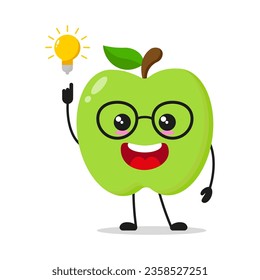 Cute smart green apple character. Funny fruit got inspiration idea cartoon emoticon in flat style. apple emoji vector illustration