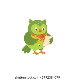 Cute Smart Green Owl Holding Pencil and Paper Vector Clipart