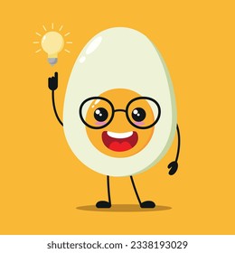 Cute smart half boiled egg character. Funny egg got inspiration idea cartoon emoticon in flat style. food emoji vector illustration