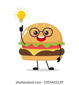 Cute smart hamburger character. Funny cheeseburger got inspiration idea cartoon emoticon in flat style. junk food vector illustration