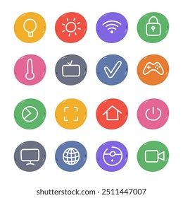 Lindo conjunto de iconos de casa inteligente con contorno dibujado a mano y burbuja redonda. Símbolos de entretenimiento, dispositivos de control, hogar seguro y limpio. Colección de red e Internet de las cosas aisladas sobre fondo.