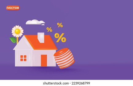 Una bonita casa inteligente con un concepto de vector de tambor 3d. 3d casa con tambor y señal de porcentaje. Una casa 3d y un tambor de pie sobre ambos.