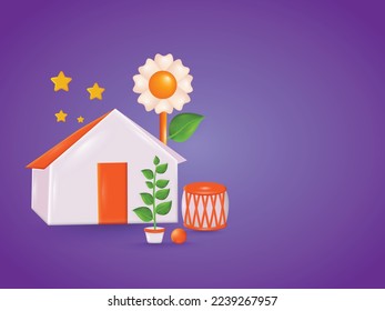 Une jolie maison intelligente avec un concept vectoriel de tournesol. 3d home avec tambour et étoiles jaunes. Maison 3d et une fleur blanche sur les deux.