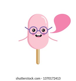 Cute smart ice cream character in glasses with speech bubble, talking, giving advice or information. 