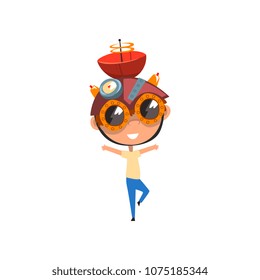 Cute smart kid with experimental equipment on his head, scientist boy character working on physics science experiment vector Illustration on a white background