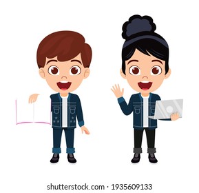 Cute smart kid girl and boy characters wearing beautiful outfit and holding blank book board and laptop with cheerful facial expression