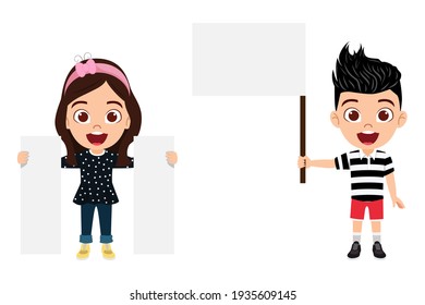 Cute smart kid girl and boy characters wearing beautiful outfit and behind blank boards with cheerful facial expression
