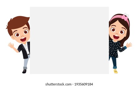 Cute smart kid girl and boy characters wearing beautiful outfit and behind blank presentation  board with cheerful facial expression