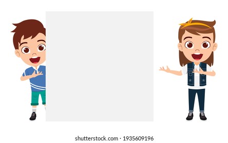 Cute smart kid girl and boy characters wearing beautiful outfit and pointing to blank board with cheerful facial expression
