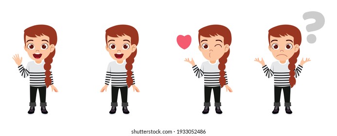 Cute smart kid girl character wearing fashionable outfit and doing different action with different facial expression