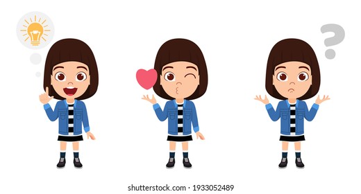 Cute smart kid girl character wearing beautiful fashionable outfit and doing different actions with different facial expression