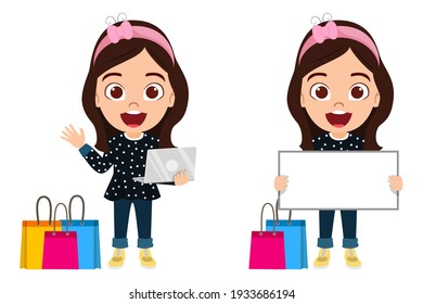 Cute smart kid girl character wearing beautiful black outfit and holding shopping bags laptop blank white board with cheerful facial expression