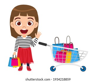 Cute smart kid girl character wearing beautiful red white outfit and holding shopping bags and with shopping cart with cheerful facial expression