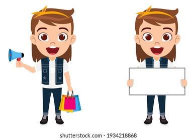 Cute smart kid girl character wearing beautiful outfit and holding shopping bags mic blank white board and with cheerful facial expression