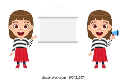 Cute smart kid girl character wearing beautiful red white outfit and pointing to blank white board wooden board and with mic with cheerful facial expression